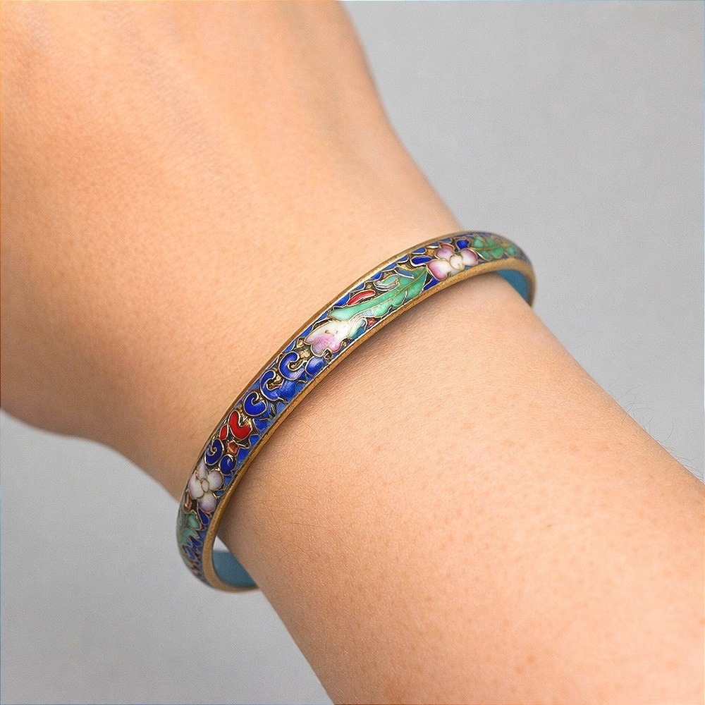 Vintage Chinese Cloisonné Blue Floral Enamel Brass Bangle‎ Bracelet 2.5" Ornate
